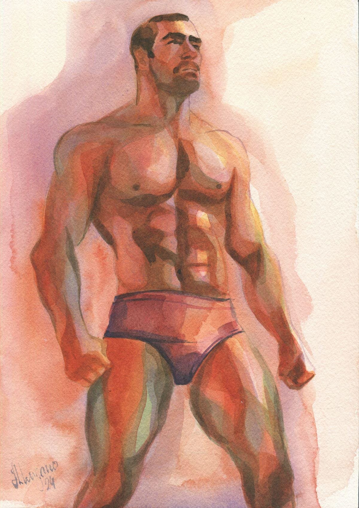 Original Hand-painted Art: Colorful Nude Male Man in Watercolors