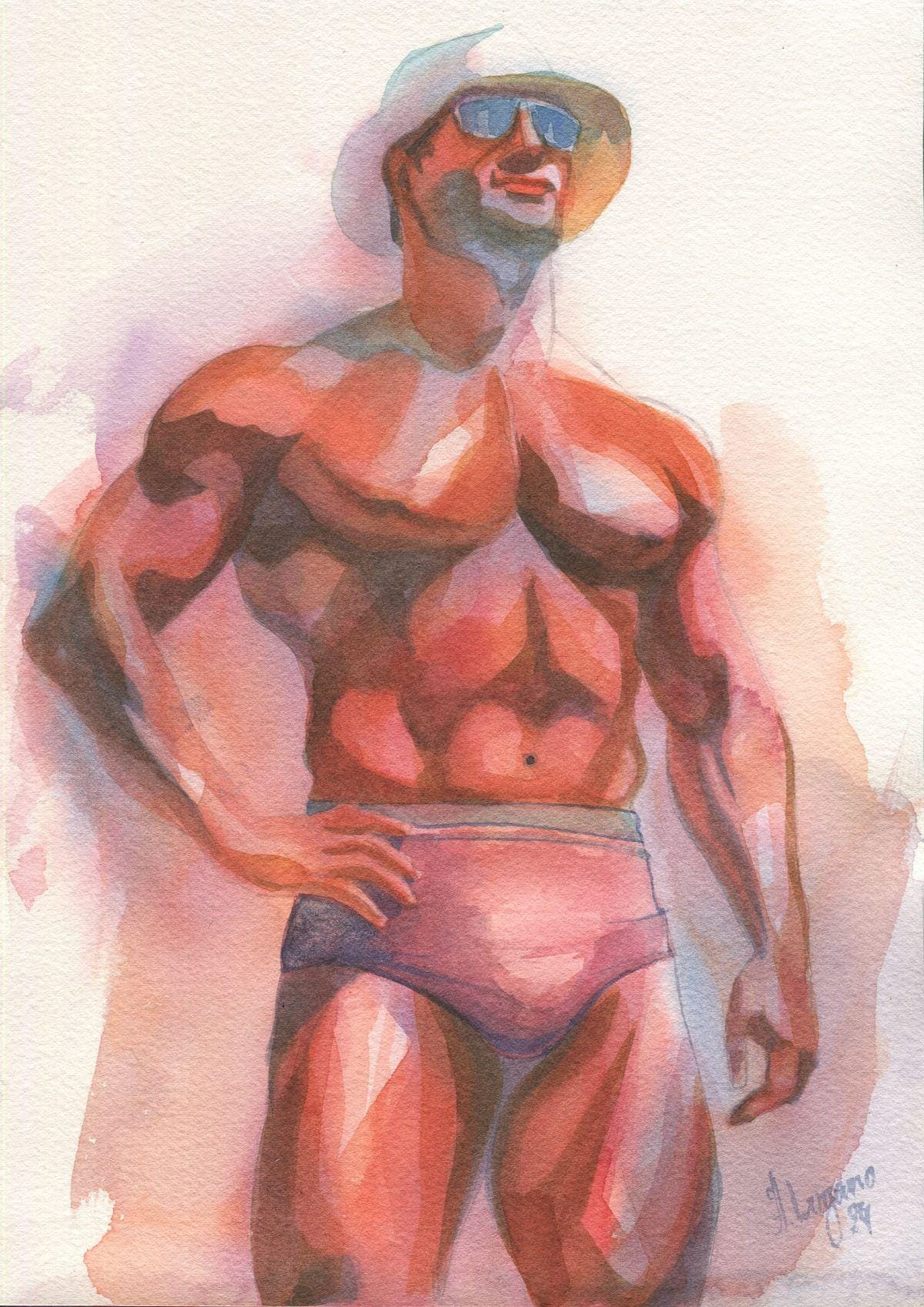 Original Hand-painted Art: Colorful Nude Male Man in Watercolors