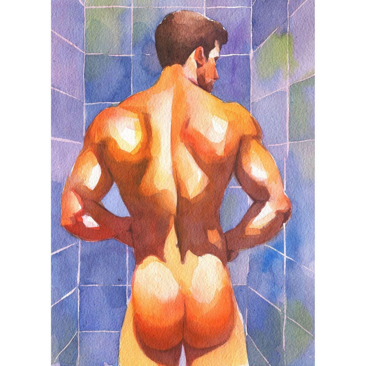 Original Hand-painted Art: Colorful Nude Male Man in Watercolors