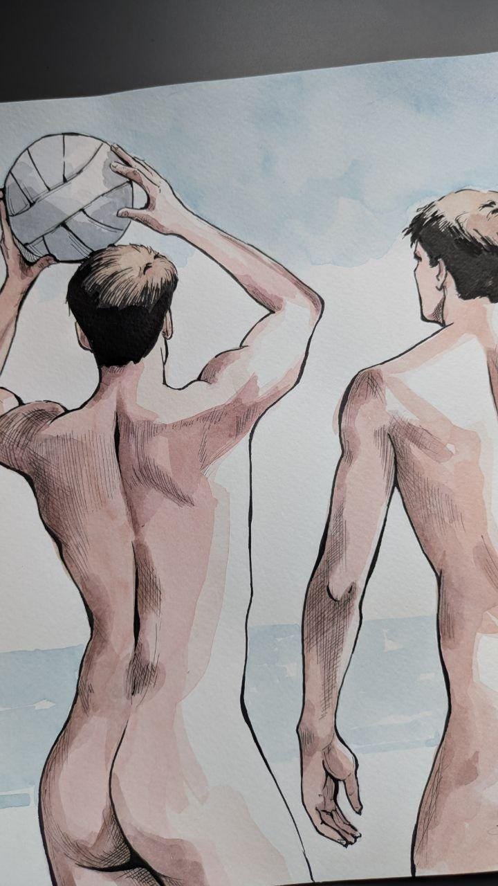 Original Hand painted Artwork Ink Drawing Erotic Male Man Gay