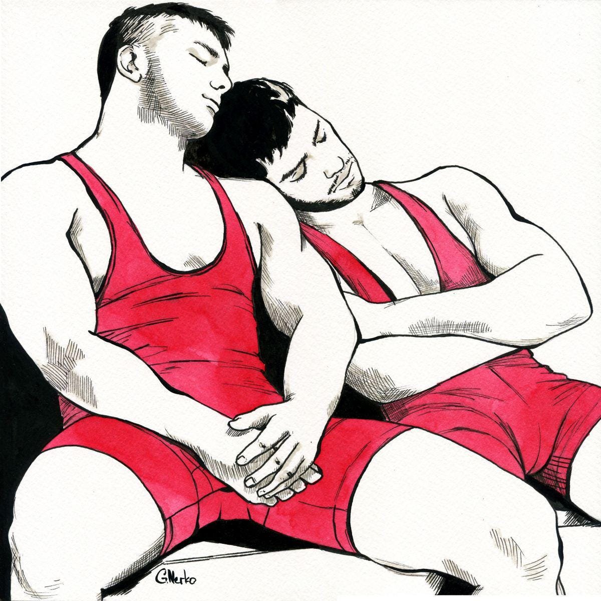 Original Hand painted Artwork Ink Drawing Erotic Male Man Gay