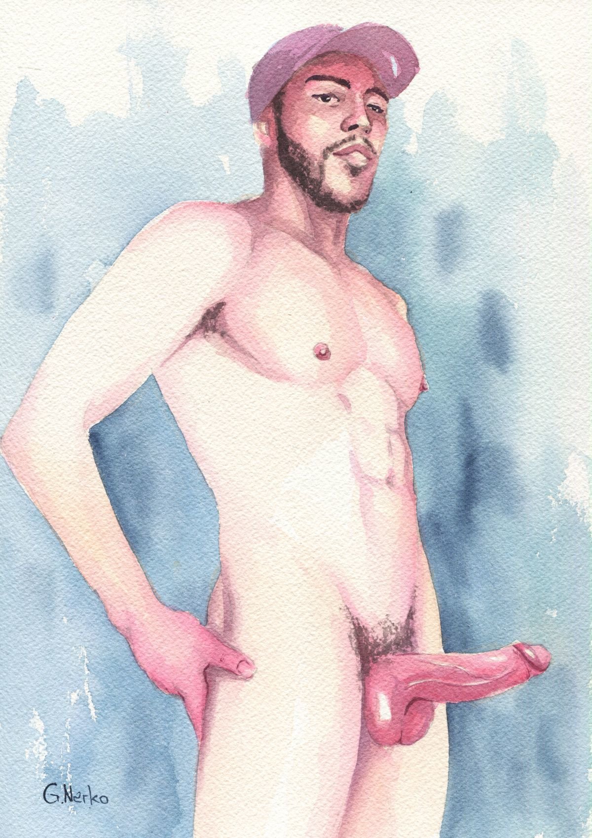 Original Hand painted Artwork Watercolor Painting Erotic Male Man Nude Gay