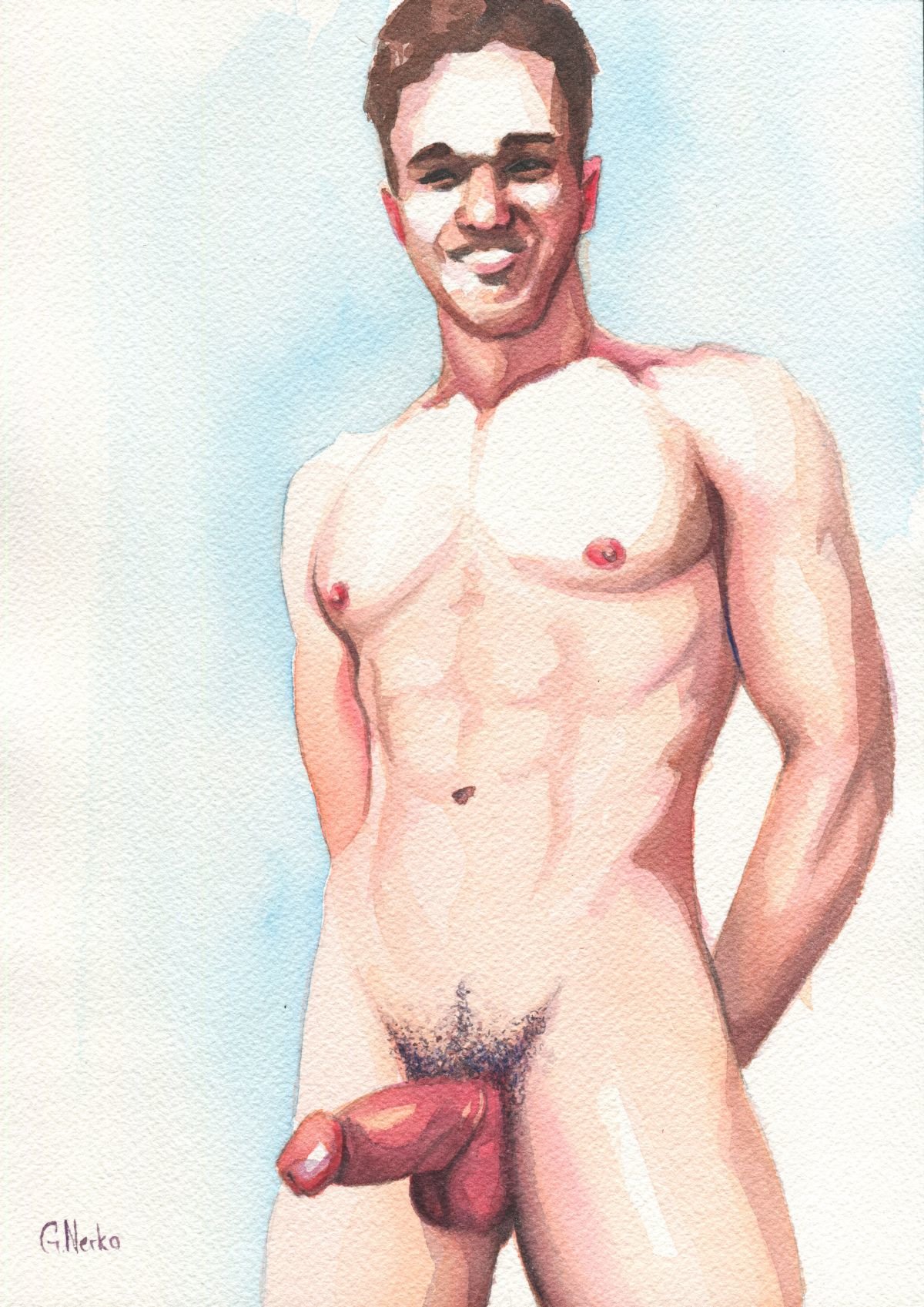 Original Hand painted Artwork Watercolor Painting Erotic Male Man Nude Gay
