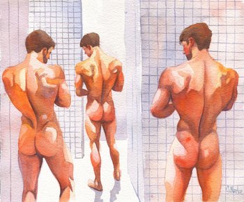 12x10" Original Hand painted Artwork Watercolor Painting Gay Man Male Nude