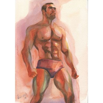Original Hand-painted Art: Colorful Nude Male Man in Watercolors