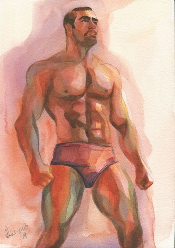 Original Hand-painted Art: Colorful Nude Male Man in Watercolors