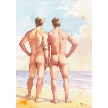 12x16" Original Hand painted Artwork Watercolor Painting Gay Man Male Nude A3